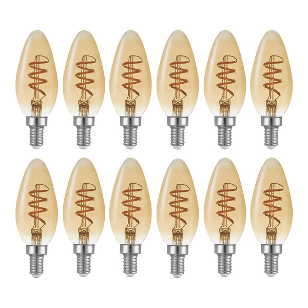 A case of 12 Globe amber LED filament light bulbs with spiral filaments inside.