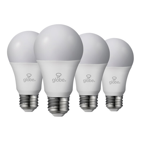 Four frosted white Globe LED light bulbs in packaging.