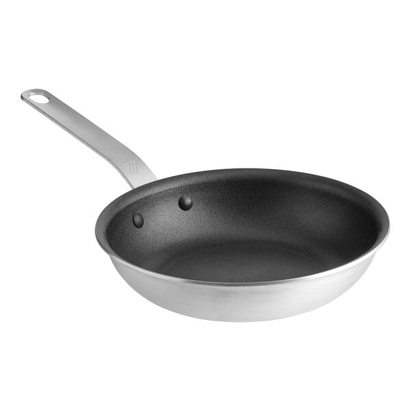 A close-up of a Vigor A3000 Series aluminum frying pan with a black non-stick coating and plated handle.
