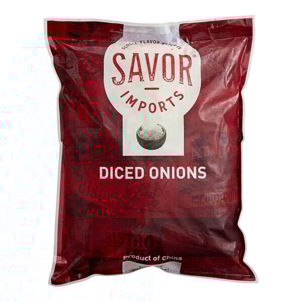 A close up of a red Savor Imports bag of diced onions with white text.