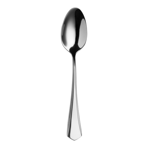 A close-up of a silver Elizabeth Varick teaspoon with a long handle.