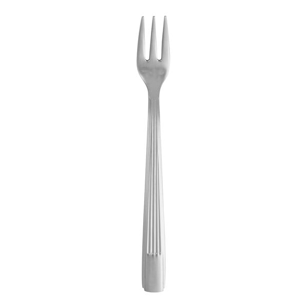A silver Varick Estate cocktail/oyster fork with a white handle.
