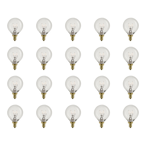A case of twelve Globe dimmable clear incandescent light bulbs with a wire filament.