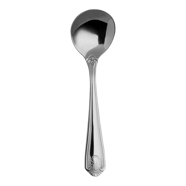 A close-up of a Varick Orleans stainless steel bouillon spoon with a handle.