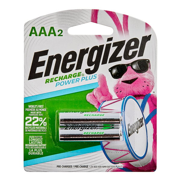 A package of 2 Energizer AAA rechargeable batteries.