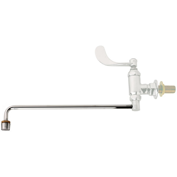 A close-up of a white T&S faucet nozzle.