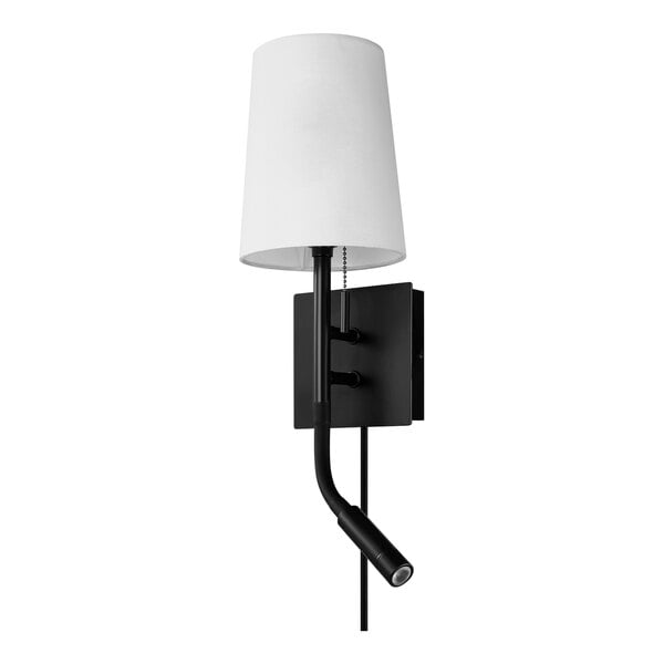 A black wall sconce with a white shade and adjustable reading light.