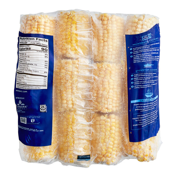 A package of Birds Eye Mini Corn on the Cob in plastic.