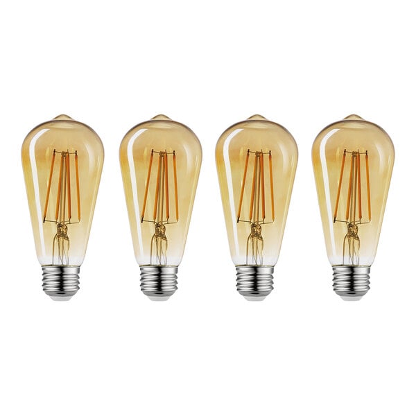 A row of three Globe dimmable amber LED Tungsten filament light bulbs.