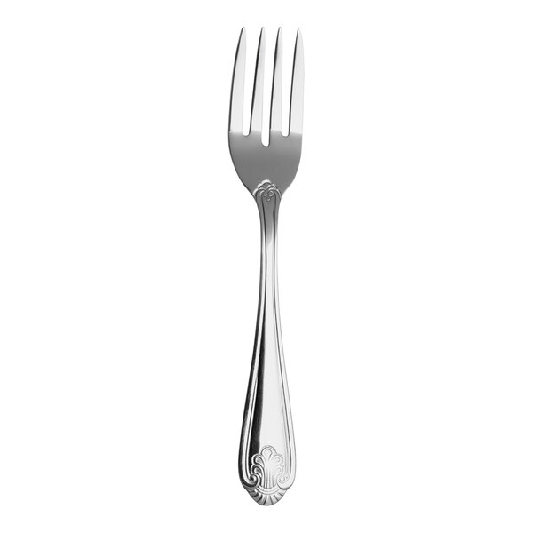 A Varick Orleans stainless steel salad/dessert fork with a design on the handle.