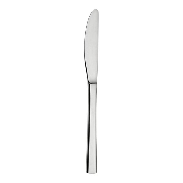 A Varick Lissome stainless steel dinner knife with a silver handle on a white background.
