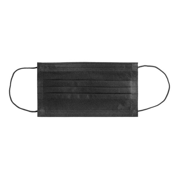 A black 3-ply disposable polyethylene protective face mask with ear loops.