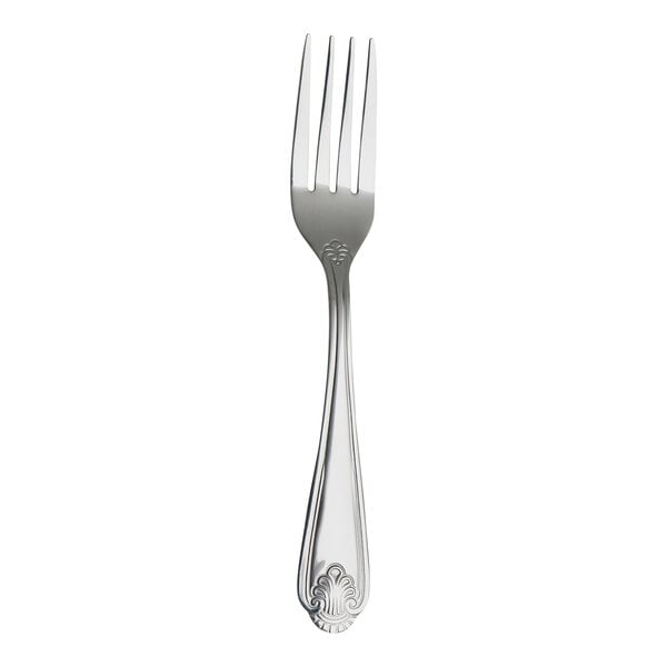 A close up of a Varick Orleans stainless steel dinner fork with a silver handle.