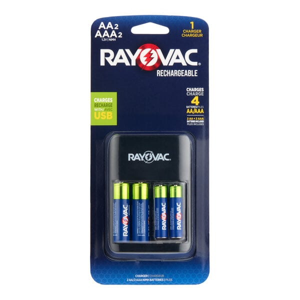 A Rayovac Value NiMH battery charger set for AA and AAA batteries, including two AA and two AAA rechargeable batteries.
