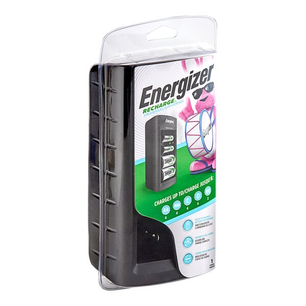 An Energizer rechargeable battery charger with a black rechargeable battery in it.