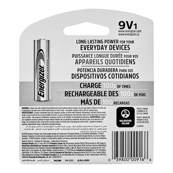 A white and black Energizer package of 2 rechargeable 9V batteries with a white and black label with a battery.