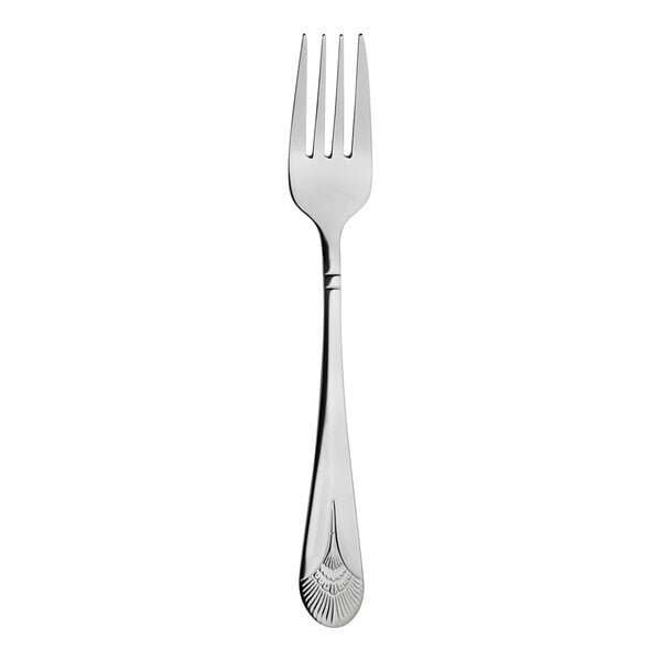 A close-up of a Varick Helena stainless steel salad/dessert fork with a silver handle.