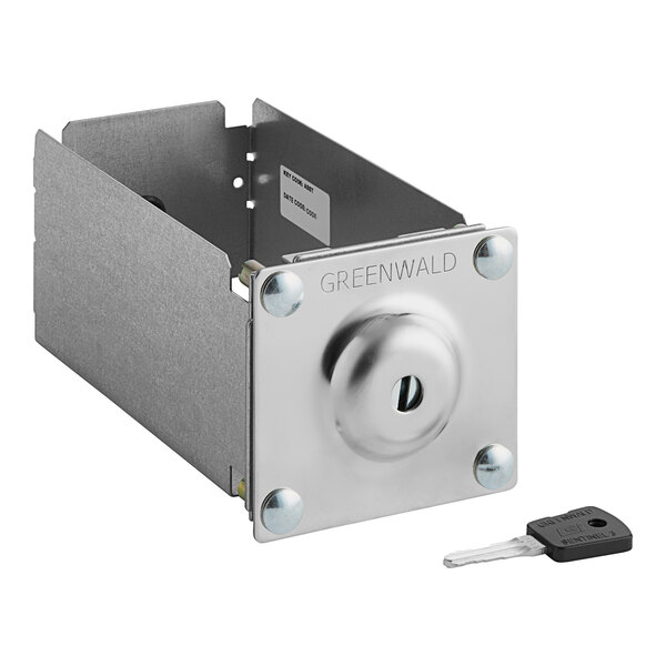 A metal GE Universal Coin Box with a key and keyhole.