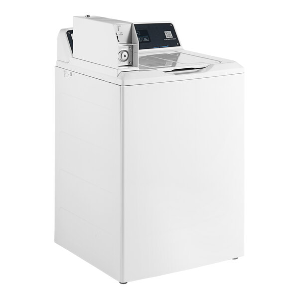 A white GE top load commercial washer with a lid open.