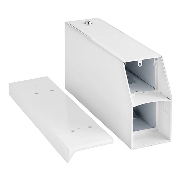 A white rectangular coin housing kit with two holes.