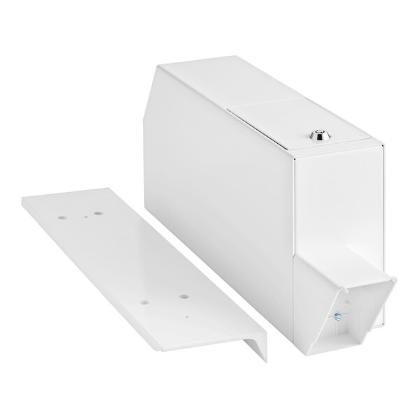 A white rectangular box with a handle and a latch.