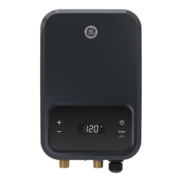 A white GE tankless water heater with a black rectangular digital display.