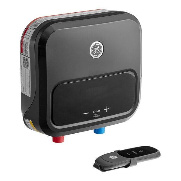 A black square object with a white label reading "GE Point-of-Use Tankless Electric Water Heater"