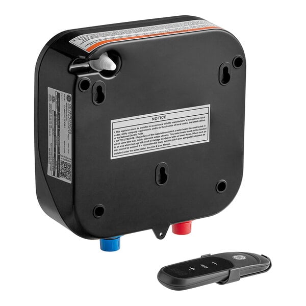 A black device with a black cover for a GE Point-of-Use Tankless Electric Water Heater.