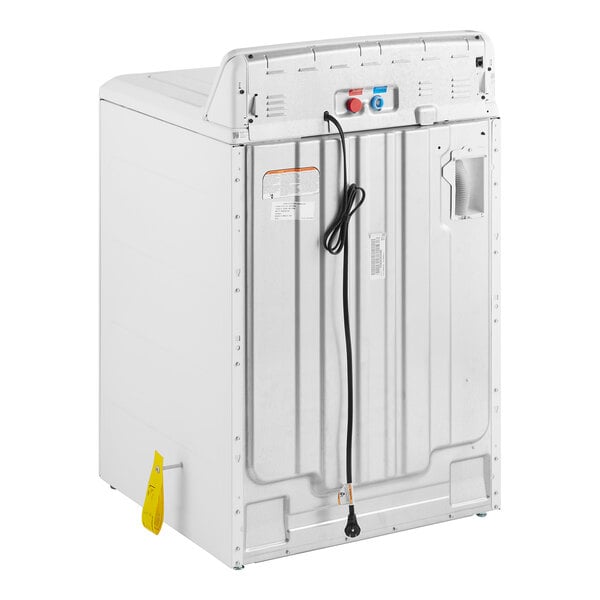 A white GE commercial top load washer with a black cord.