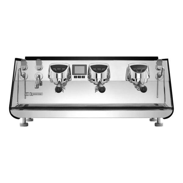 A black espresso machine with three heads.