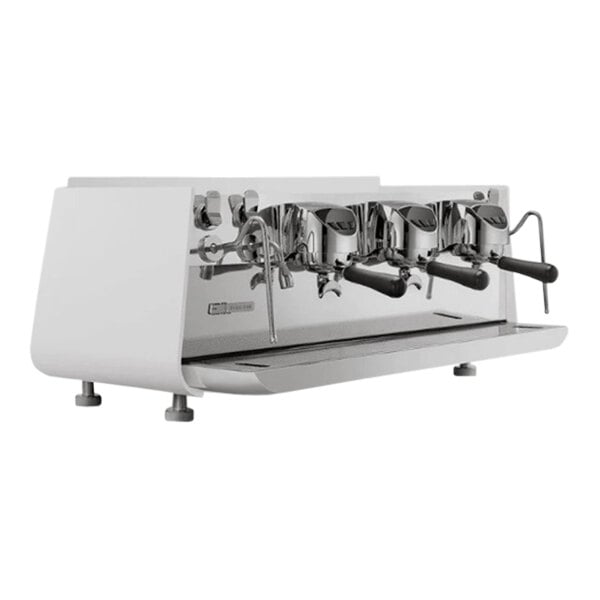 A white espresso machine with silver handles and three spouts.