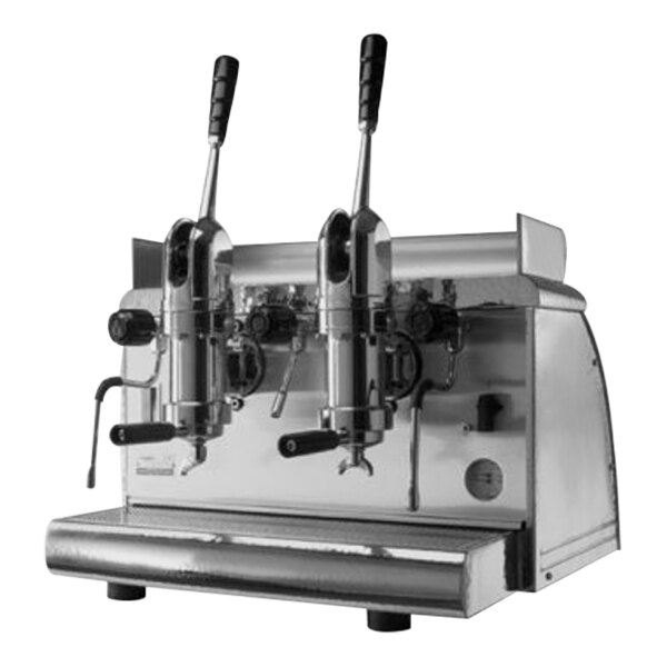 A chrome espresso machine with two handles.
