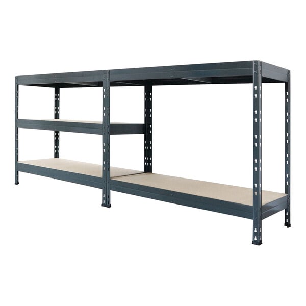 An AR Shelving metal boltless shelving unit with five shelves.
