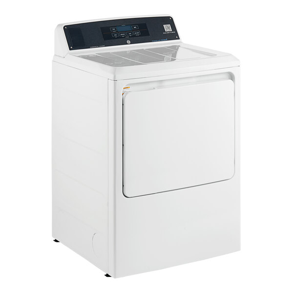 A white GE front load electric commercial dryer with a door.