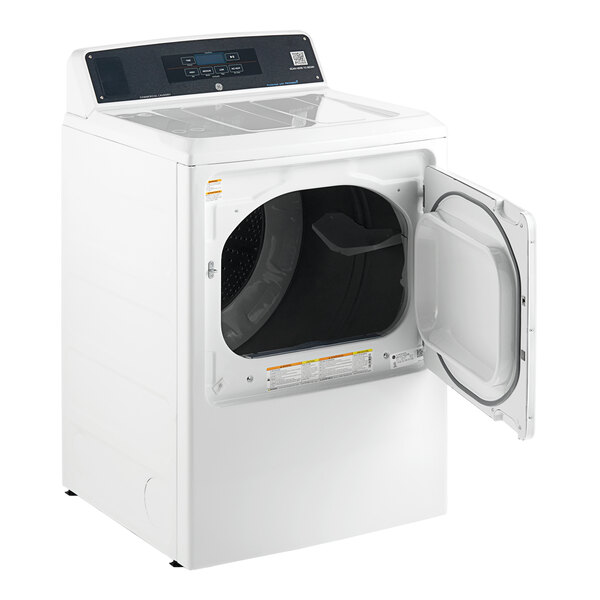 A white GE front load commercial dryer with the door open.