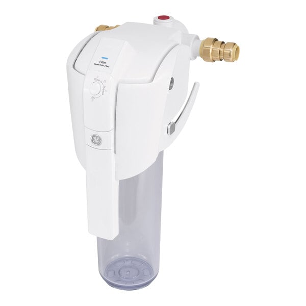 A GE Smart Whole House Water Filtration System with a white handle.