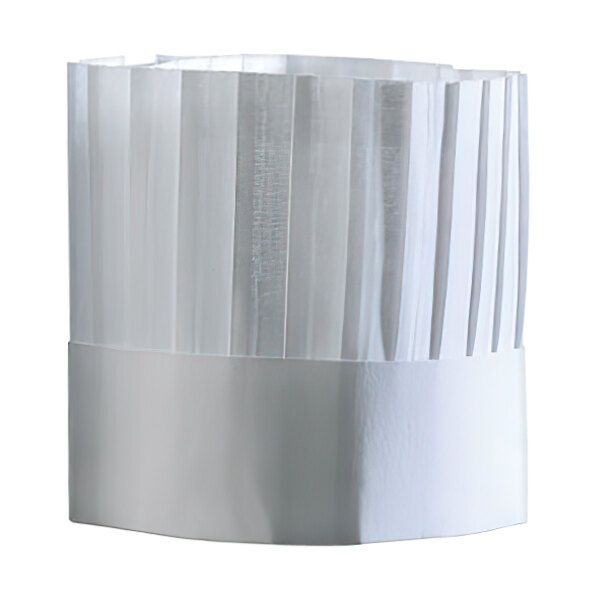 A white Matfer Bourgeat disposable chef hat with pleats and a white ribbon.