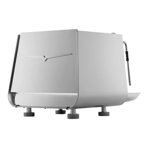 A white Steelux espresso machine on a silver tray.