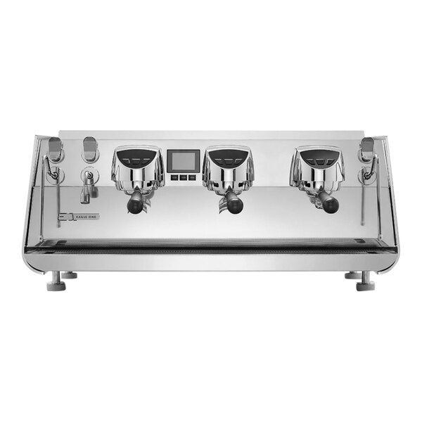 A Steelux stainless steel espresso machine with three heads.