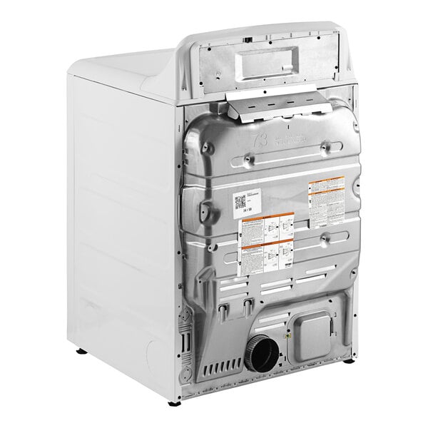 A white GE commercial dryer with the door open.