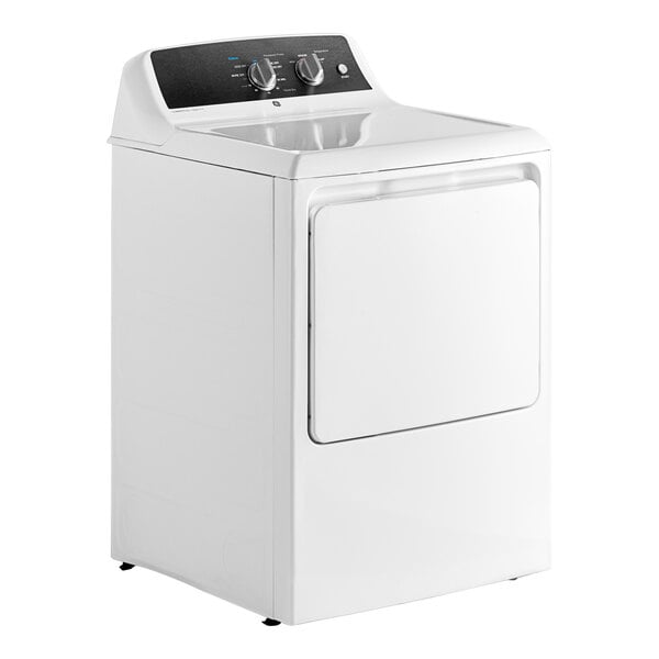 A white GE front load electric commercial dryer.