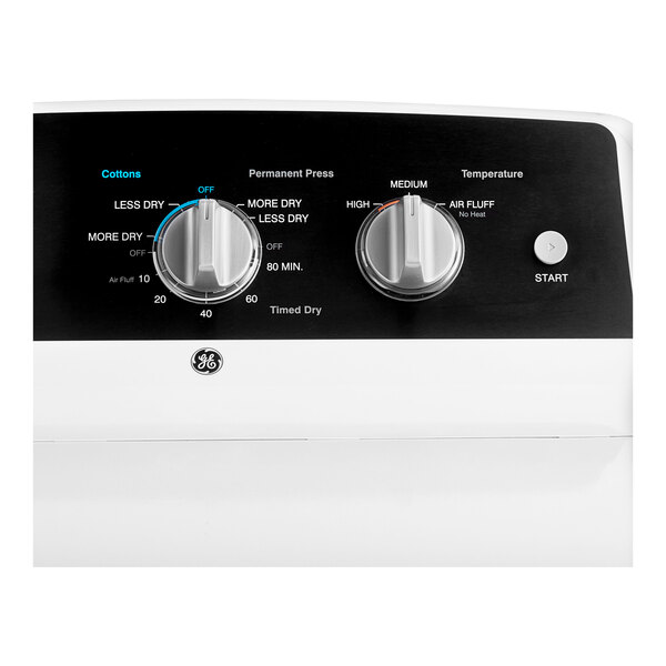 A white GE commercial electric dryer with a control panel.