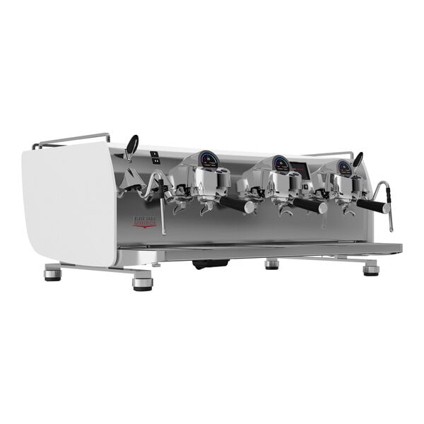 A white espresso machine with three coffee heads.