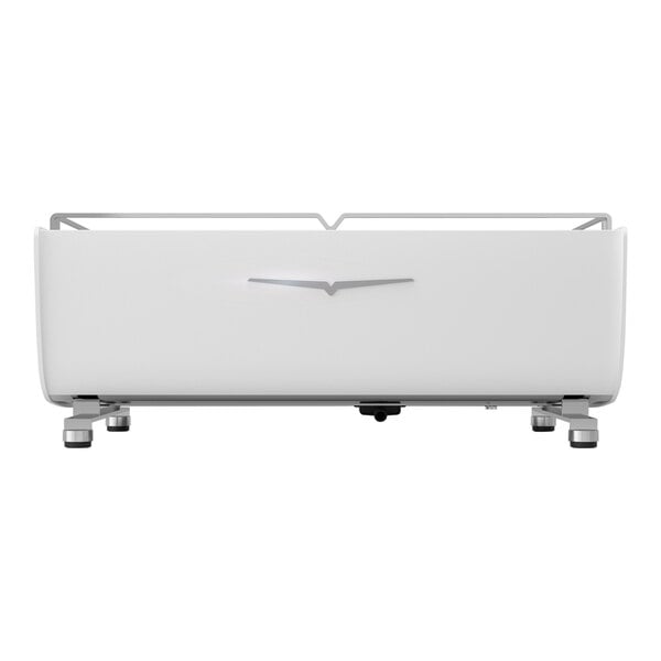 A white rectangular espresso machine with a metal handle.