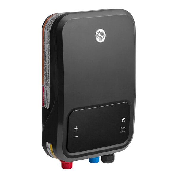 A white and black GE tankless water heater with buttons.