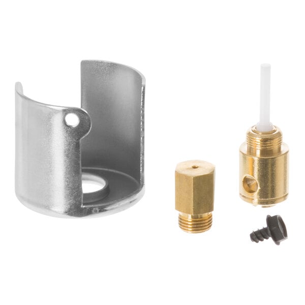 A metal pipe and brass fittings with a gold nut and white needle.