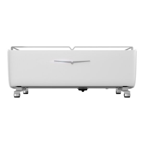 A white rectangular espresso machine with black and silver accents.