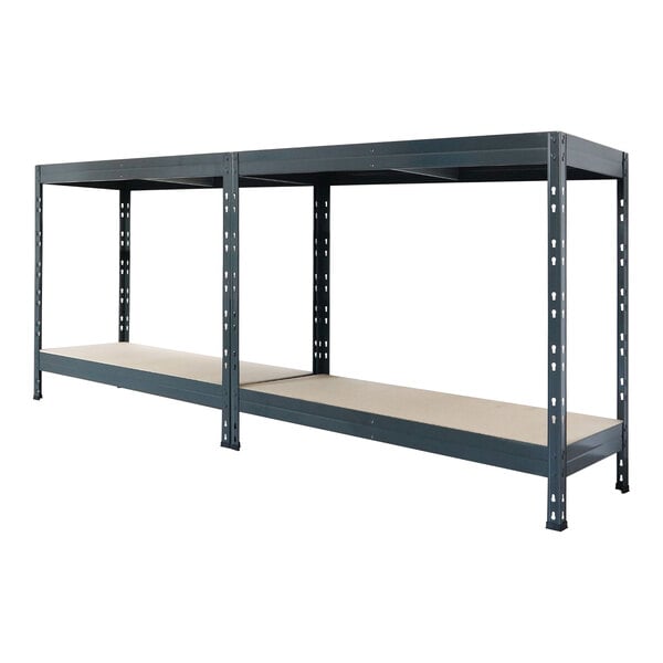 An AR Shelving boltless metal shelving unit with four shelves.