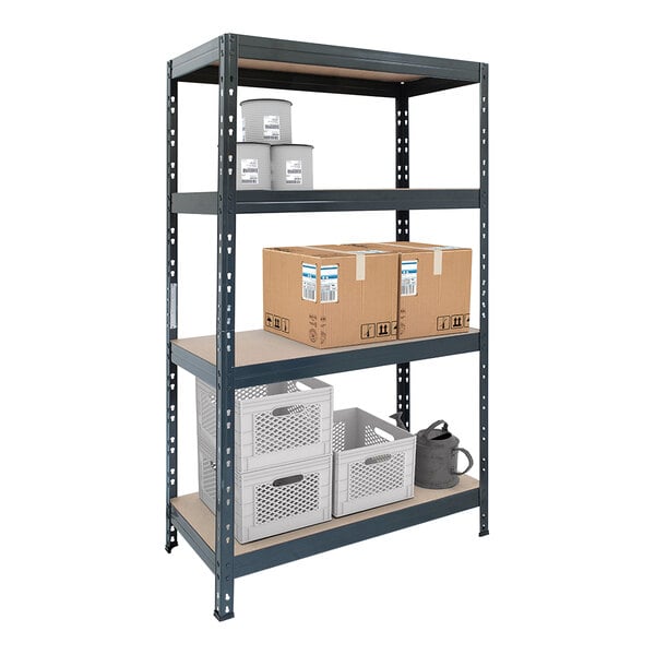 An AR Shelving metal boltless shelving unit with boxes and containers on the shelves.