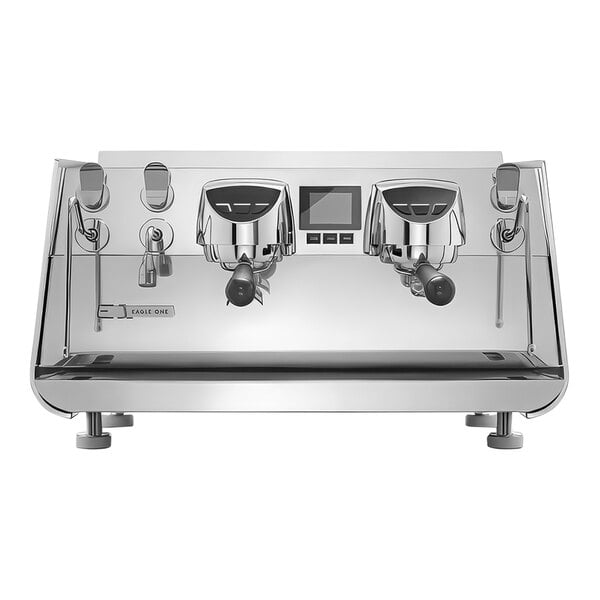 A white espresso machine with three heads on a counter.